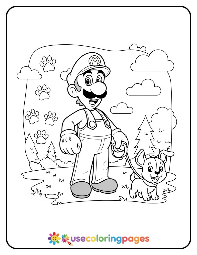 Luigi Walking with a Puppy Coloring Page For Kids