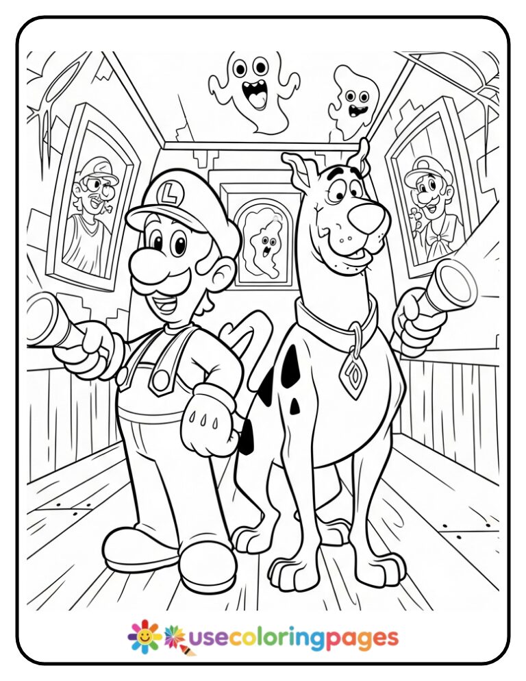 Luigi and Scooby-Doo Exploring a Haunted Mansion Coloring Page