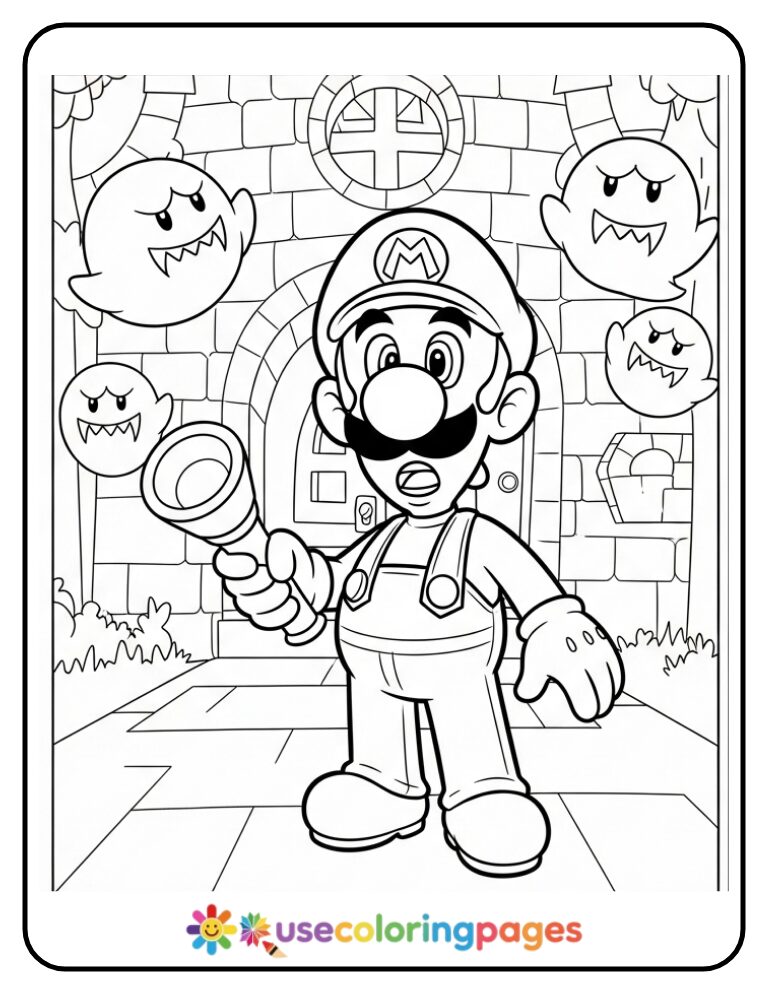 Luigi in a Ghost House with Flashlight Coloring Page For Kids