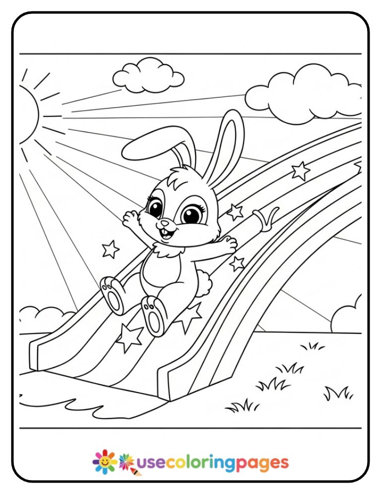 Luna the Bunny Sliding on Rainbow Slide Coloring Page