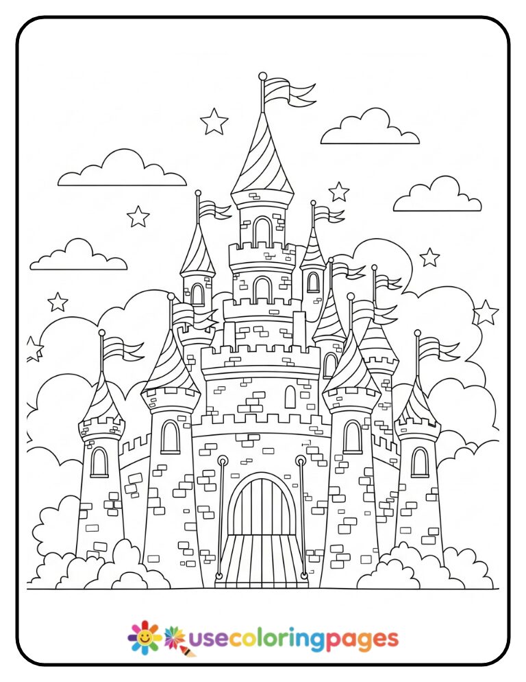 Magical Castle With Rainbow Drawbridge Coloring Page
