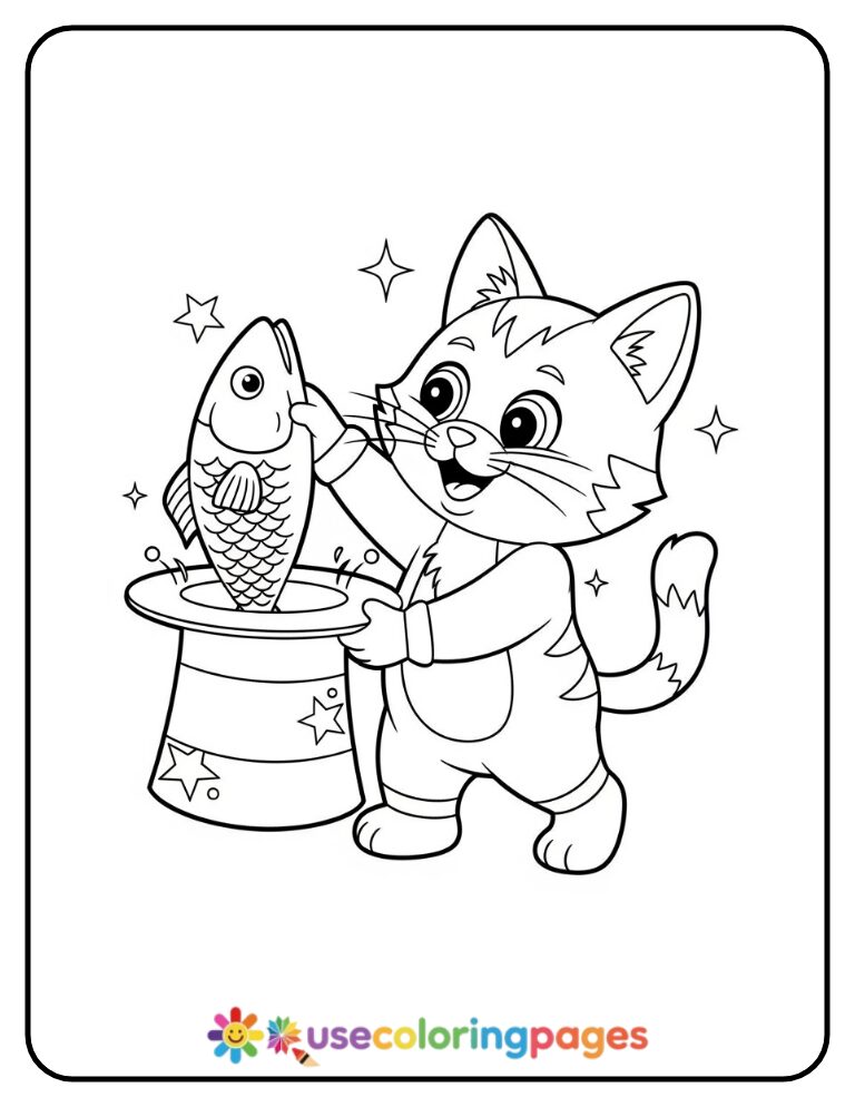 Magician Cat Pulling a Fish from Hat Coloring Page
