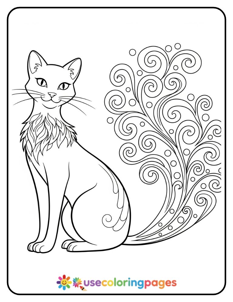 Mandala Cat with Flowing Tail Coloring Page