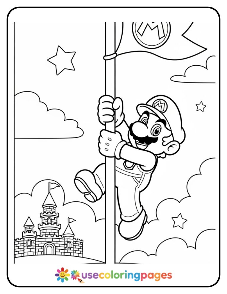 Mario Climbing a Flagpole Victory Scene Coloring Page