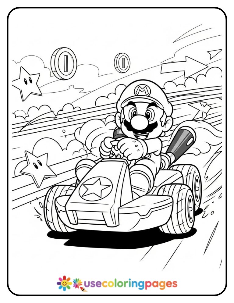 Mario Drifting in His Classic Kart Coloring Page