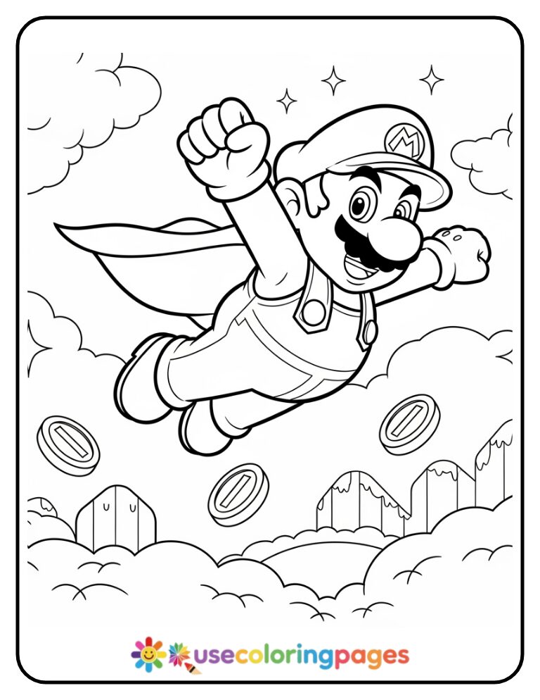 Mario Flying with a Cape Through the Sky Coloring Page For All Ages