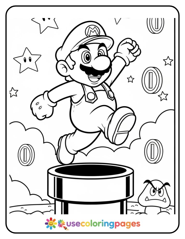 Mario Jumping Through a Warp Pipe Coloring Page Adventure Scene