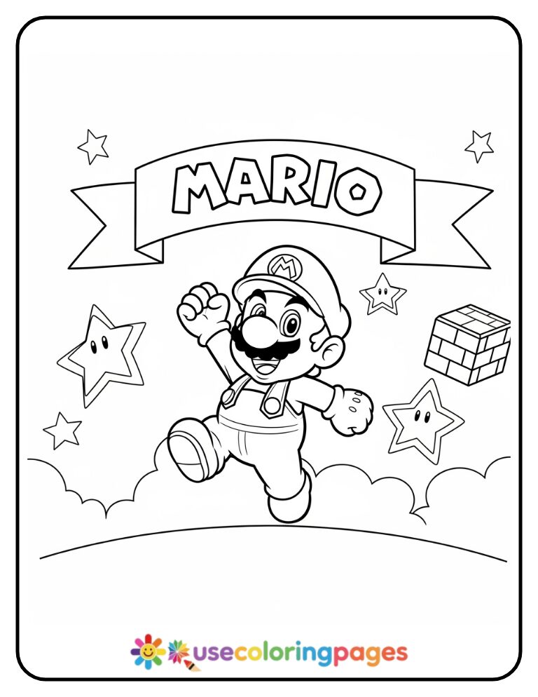 Mario Jumping with His Name Banner Coloring Page For Kids