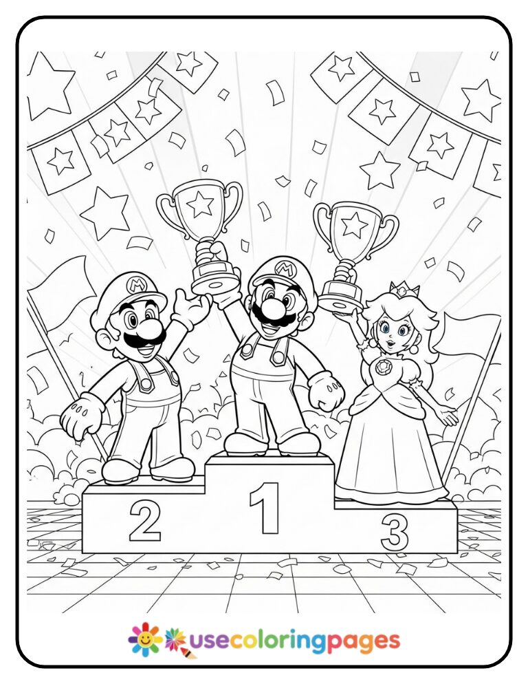 Mario Kart Podium Victory Celebration Coloring Page