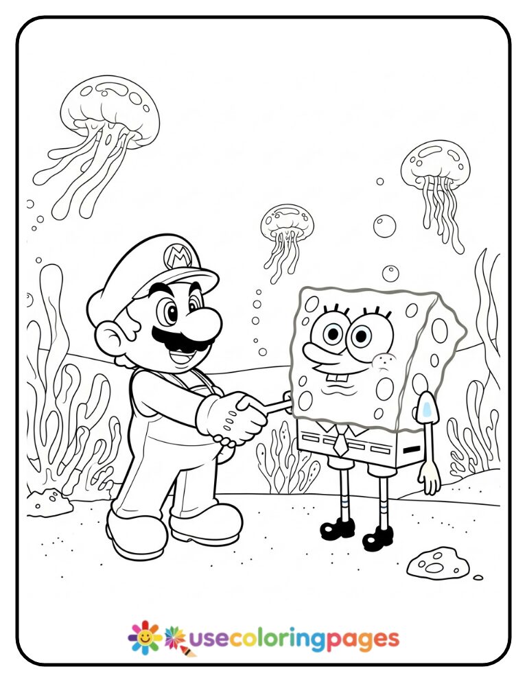 Mario Meets SpongeBob in Jellyfish Fields Coloring Page