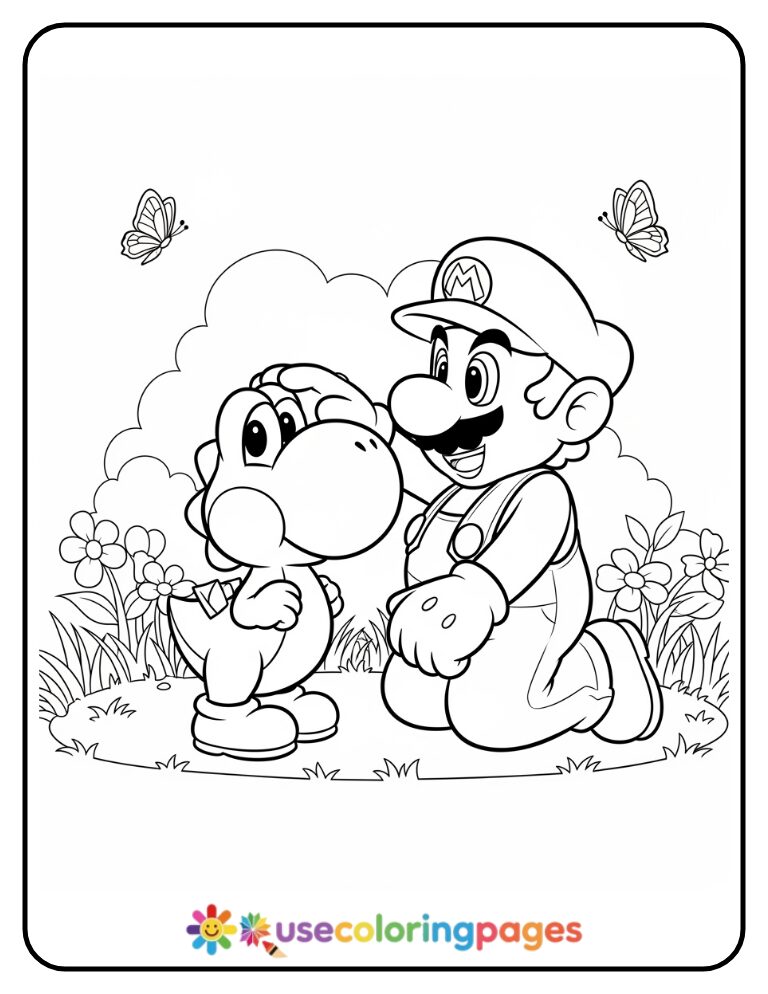 Mario Petting a Baby Yoshi Coloring Page For Kids