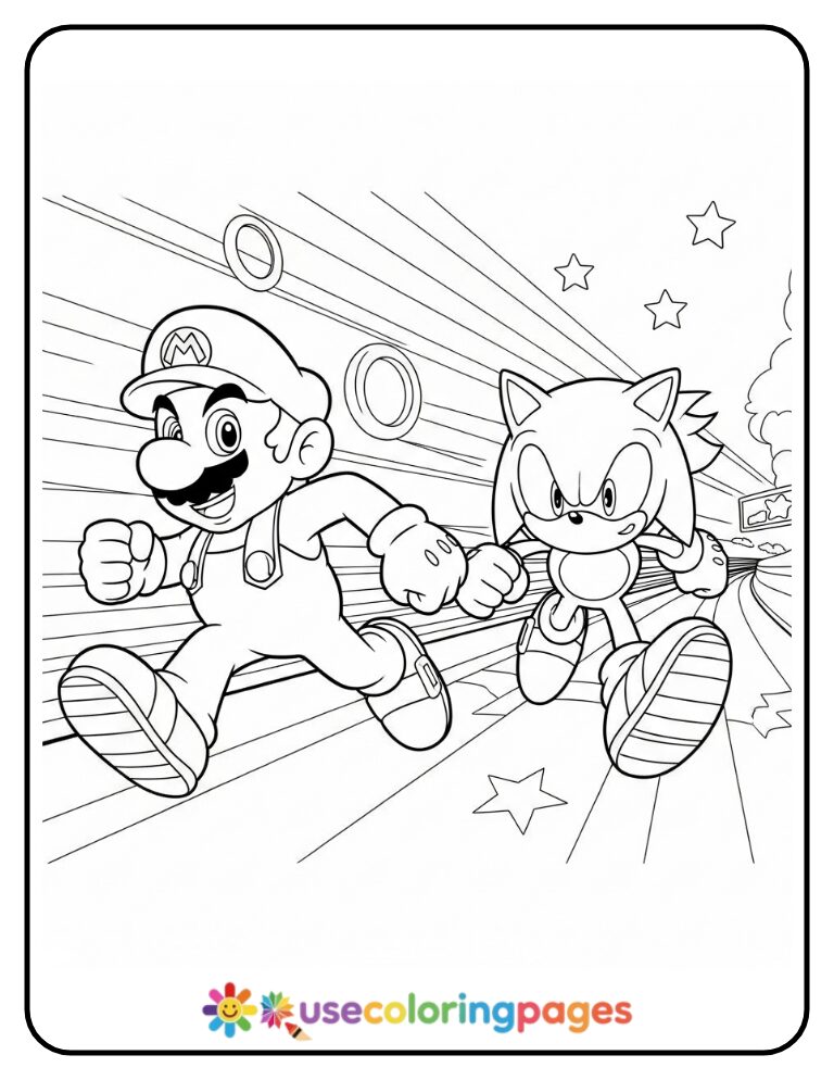 Mario Racing with Sonic the Hedgehog Coloring Page For Kids