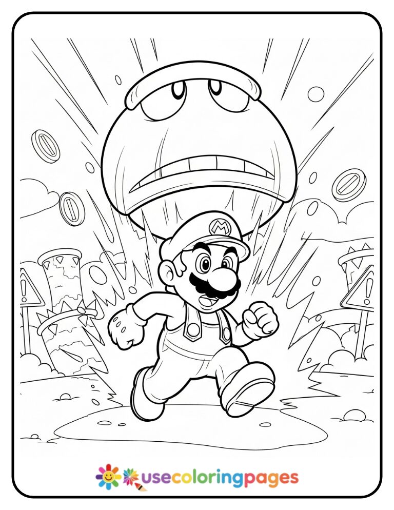 Mario Running From a Thwomp Trap Coloring Page For Kids and Tweens