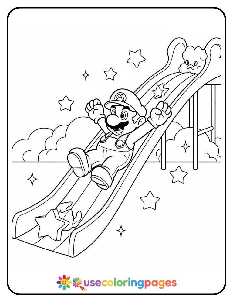 Mario Sliding Down a Rainbow Slide Coloring Page Printable