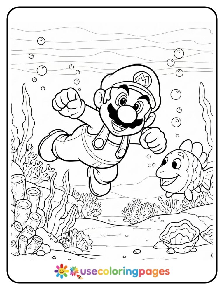 Mario Underwater Adventure with Cheep Cheep Coloring Page Printable