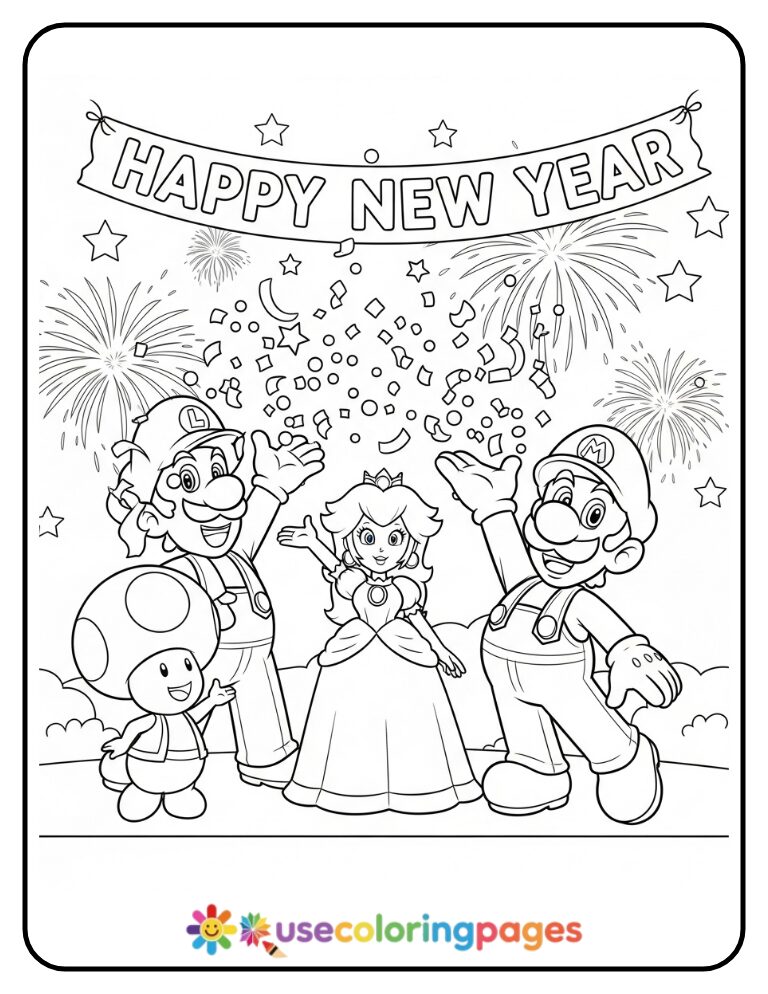 Mario and Friends in New Year Celebration Coloring Page