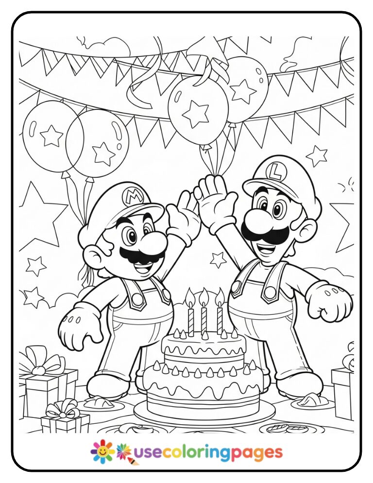 Mario and Luigi Birthday Party Coloring Page For Kids