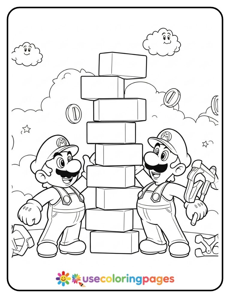 Mario and Luigi Building a Brick Tower Coloring Page Printable