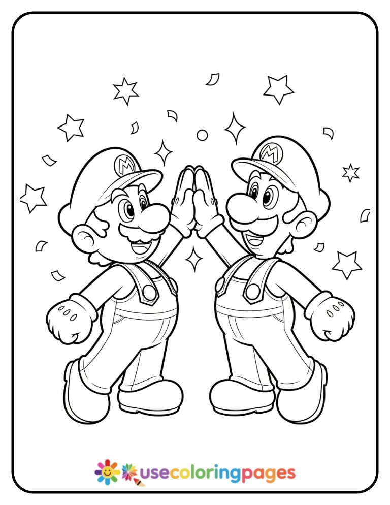 Mario and Luigi Celebrating with a High-Five Coloring Page