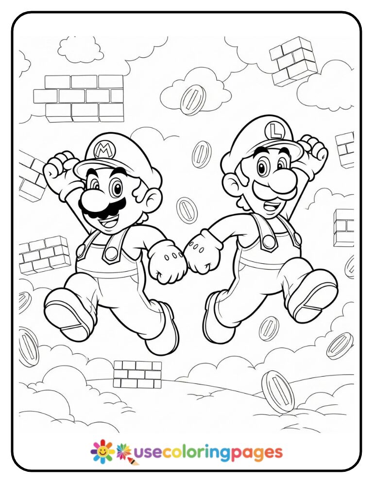 Mario and Luigi Jumping Side by Side Coloring Page Printable