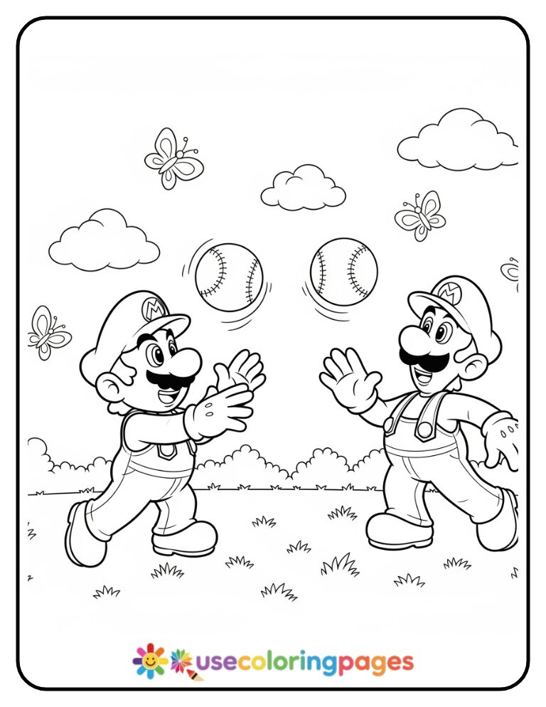 Mario and Luigi Playing Catch Coloring Page For Kids