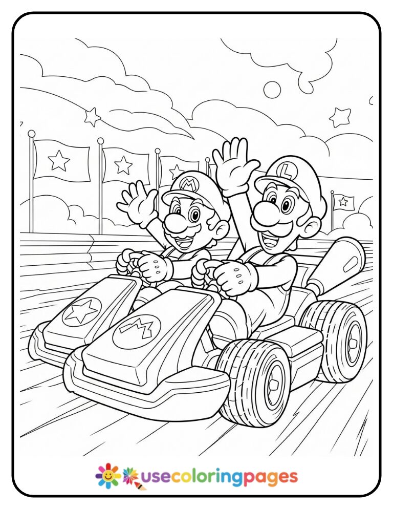 Mario and Luigi Riding a Kart Together Coloring Page For Kids