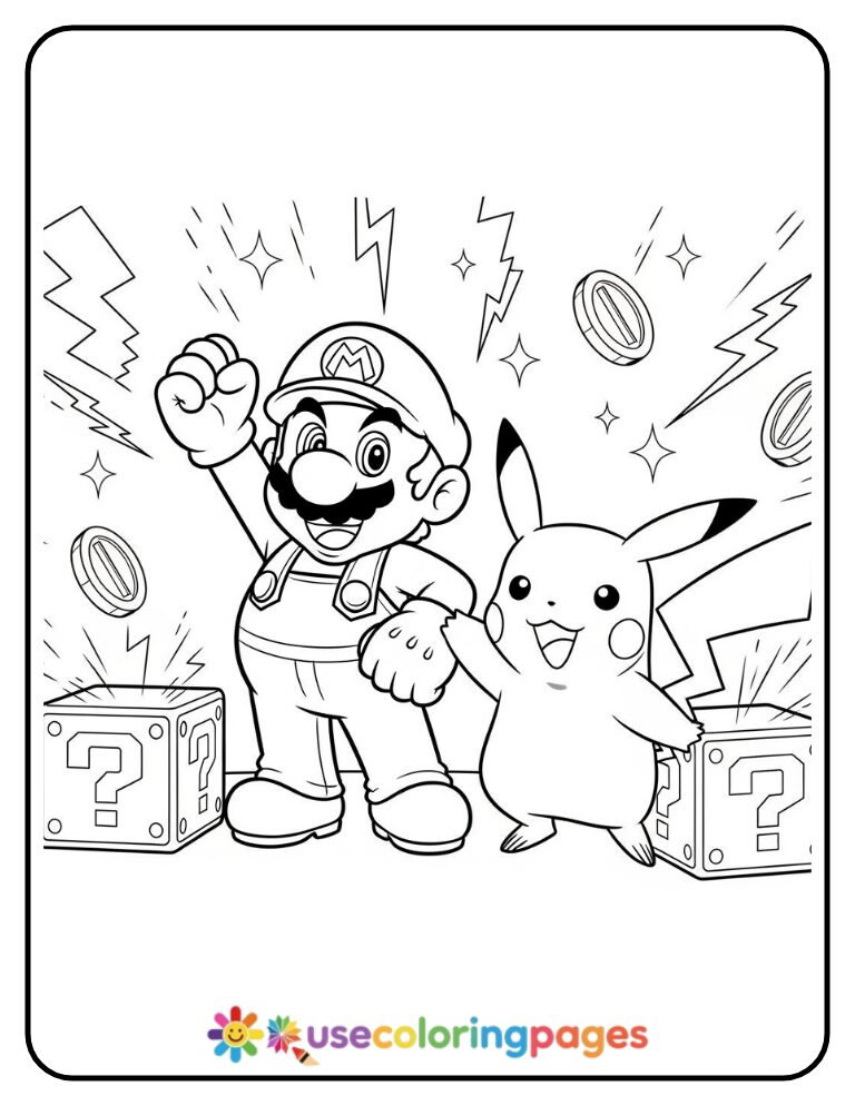 Mario and Pikachu Discovering Power-Ups Together Coloring Page
