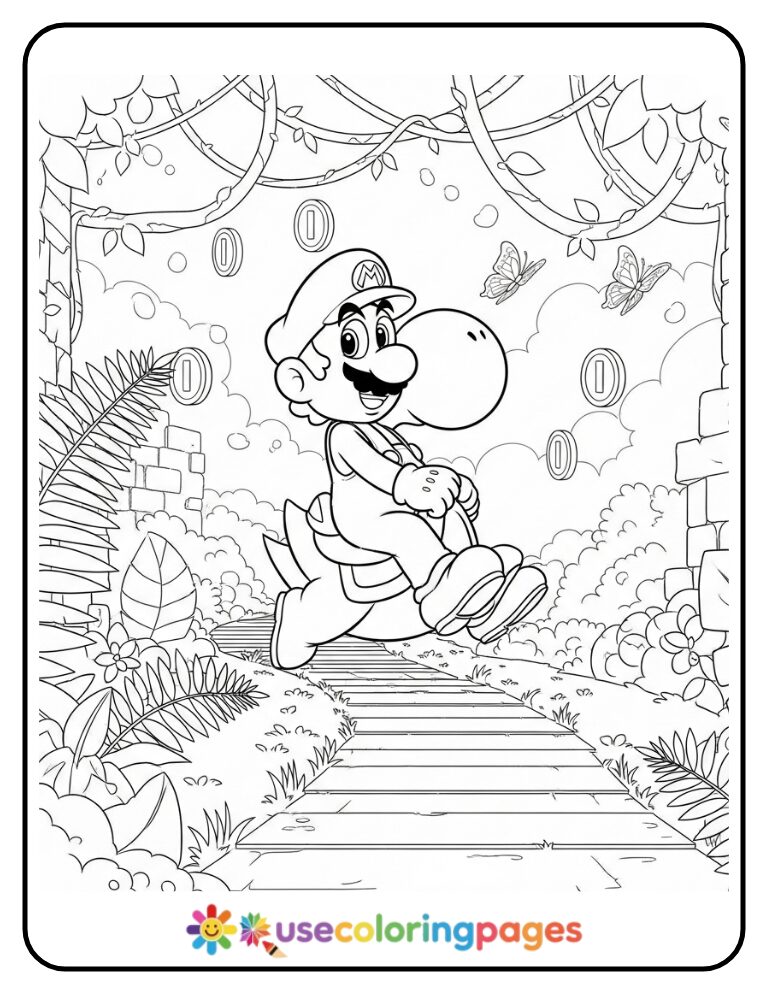 Mario and Yoshi Exploring a Jungle Path Coloring Page For All Ages