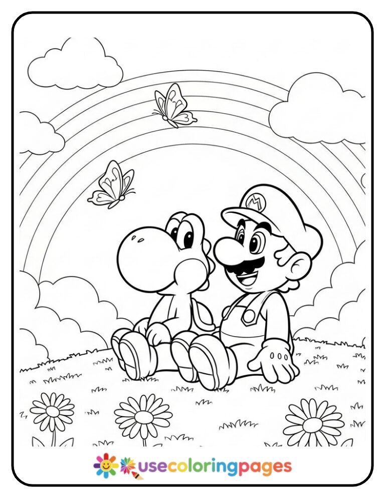 Mario and Yoshi Watching Butterflies Coloring Page