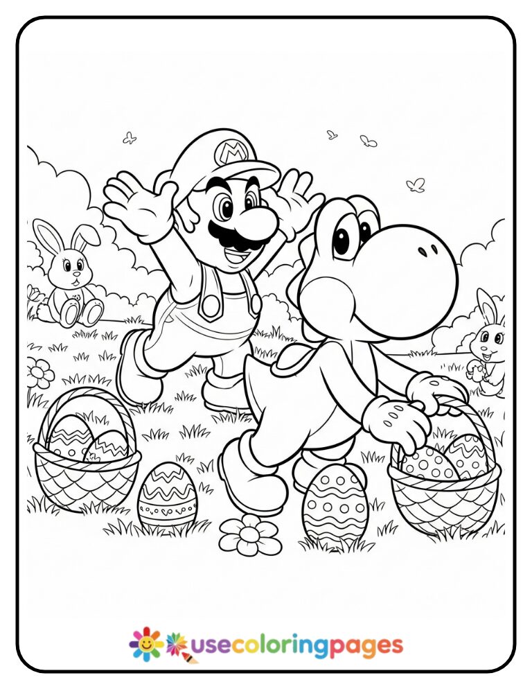 Mario and Yoshi at Easter Egg Hunt Coloring Page