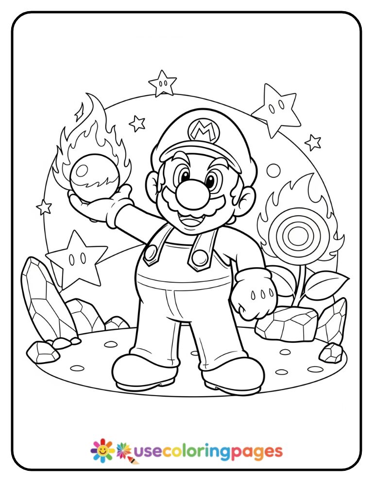 Mario with Fire Flower Power Pose Coloring Page For Kids