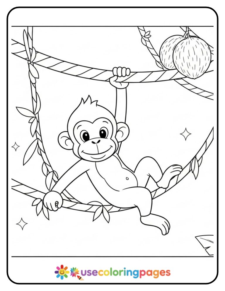 Max the Monkey Swinging From Rainbow Vines Coloring Page