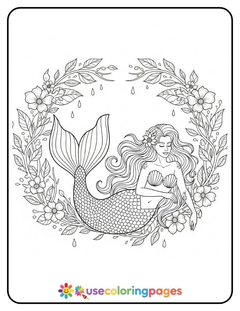 Mermaid Among Floral Vines Coloring Page For Adults
