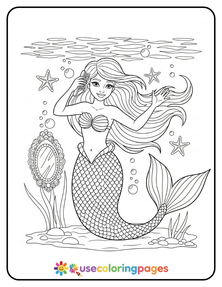 Mermaid Brushing Hair Coloring Page Printable