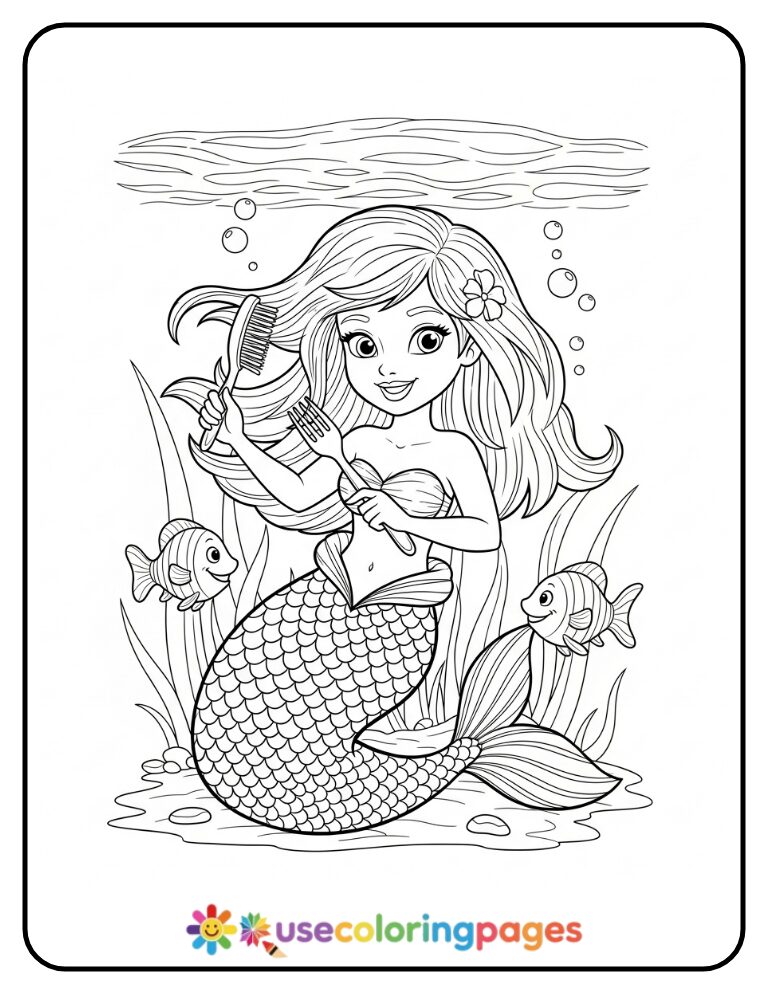 Mermaid Brushing Hair with Dinglehopper Coloring Page