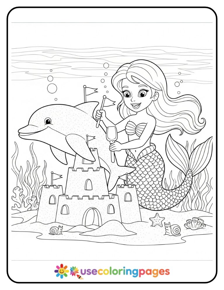 Mermaid Building a Sand Sculpture Coloring Page