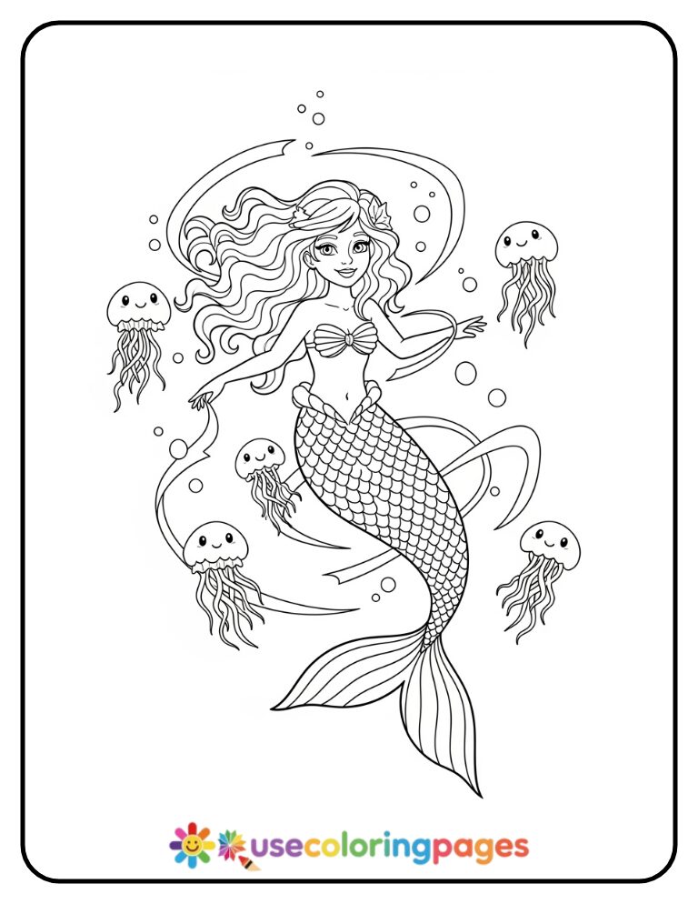 Mermaid Dancing with Jellyfish Coloring Page