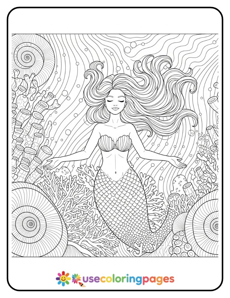 Mermaid Floating Among Coral Spirals Coloring Page