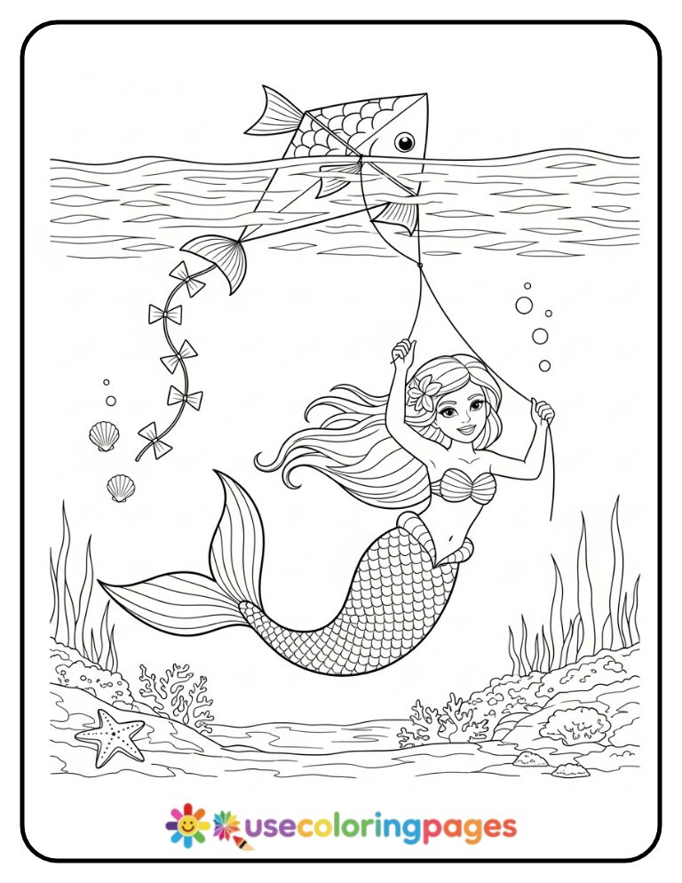 Mermaid Flying a Sea Kite Coloring Page