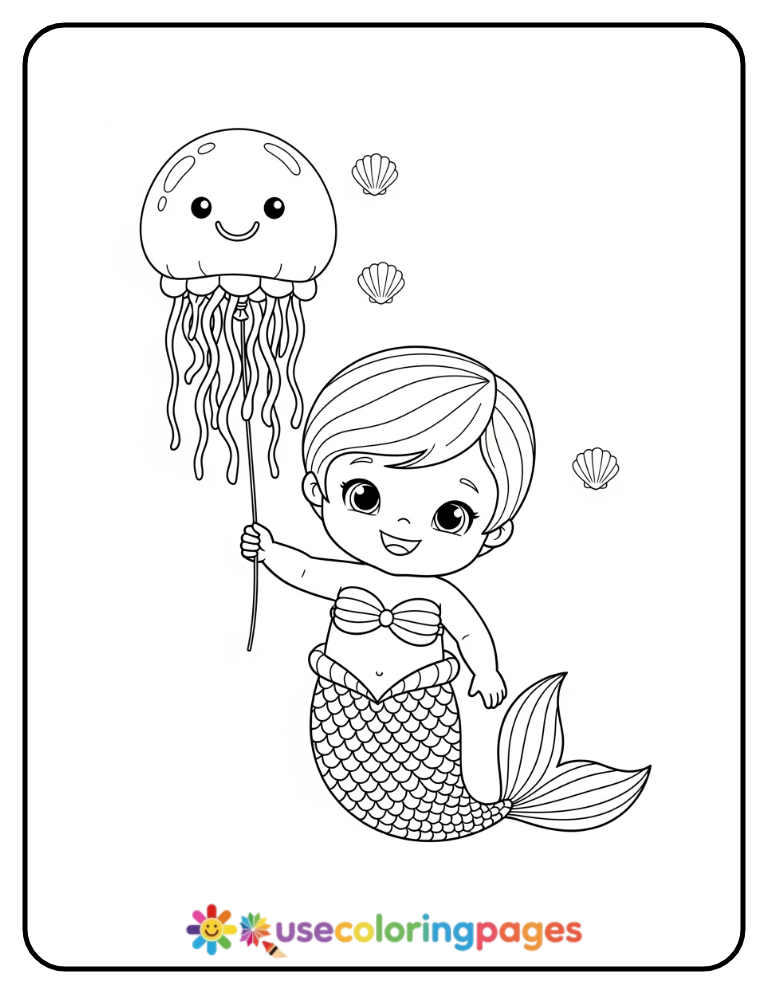 Mermaid Holding Balloon Coloring Page for Preschool