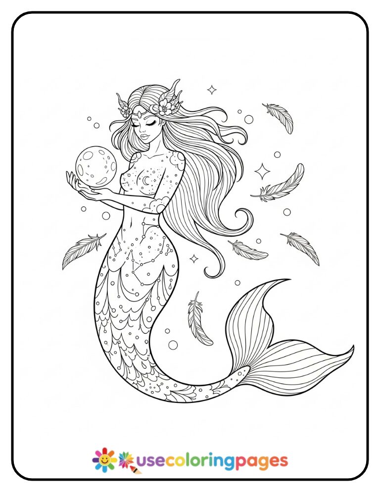 Mermaid Holding Moon Orb Coloring Page