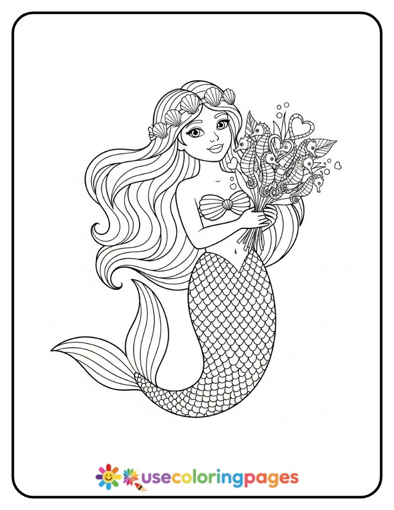 Mermaid Holding Seahorse Bouquet Coloring Page