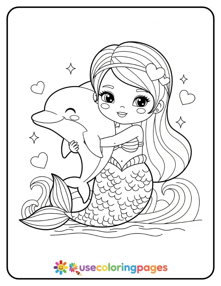 Mermaid Hugging Baby Dolphin Coloring Page