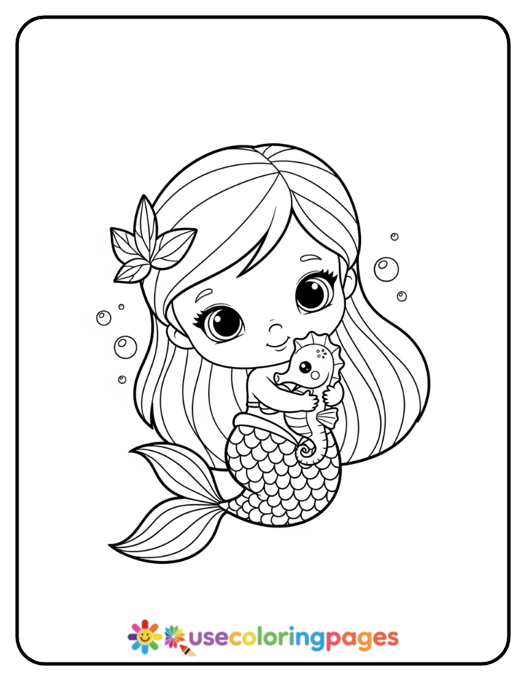 Mermaid Hugging Seahorse Coloring Page Printable