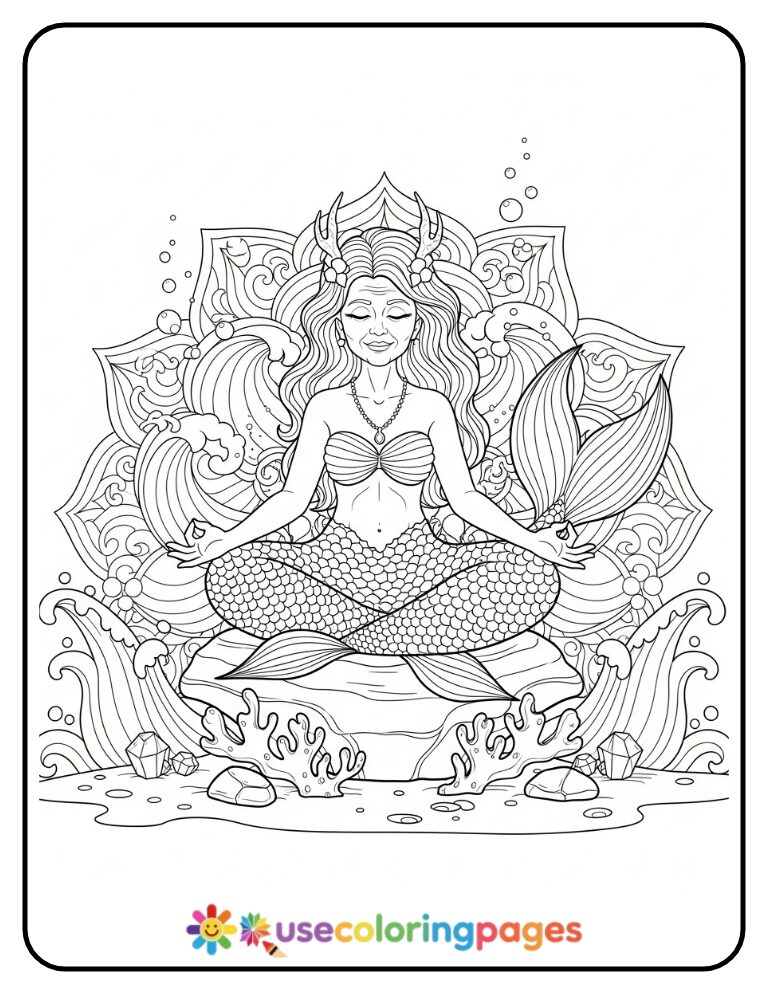 Mermaid Meditating on Coral Rock Coloring Page