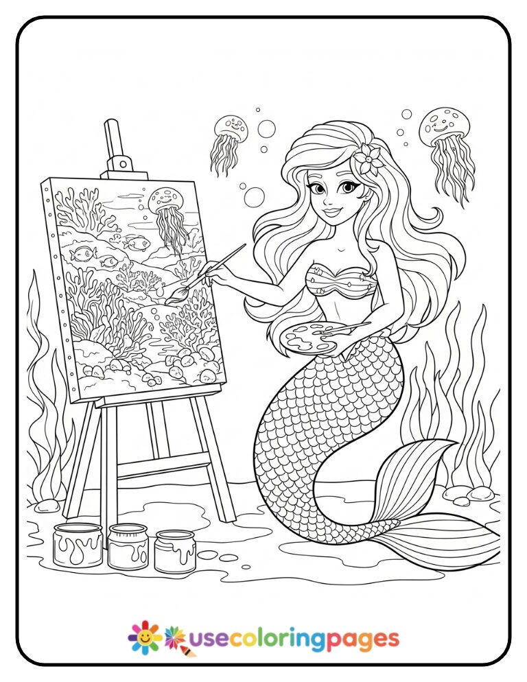 Mermaid Painting Coral Reef Coloring Page
