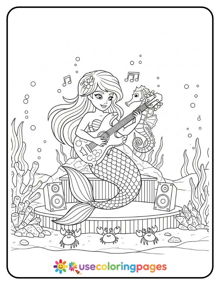 Mermaid Playing Guitar Coloring Page