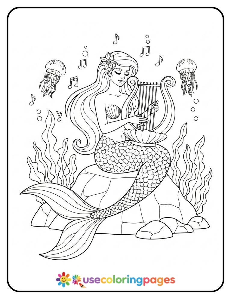 Mermaid Playing Harp Coloring Page Printable