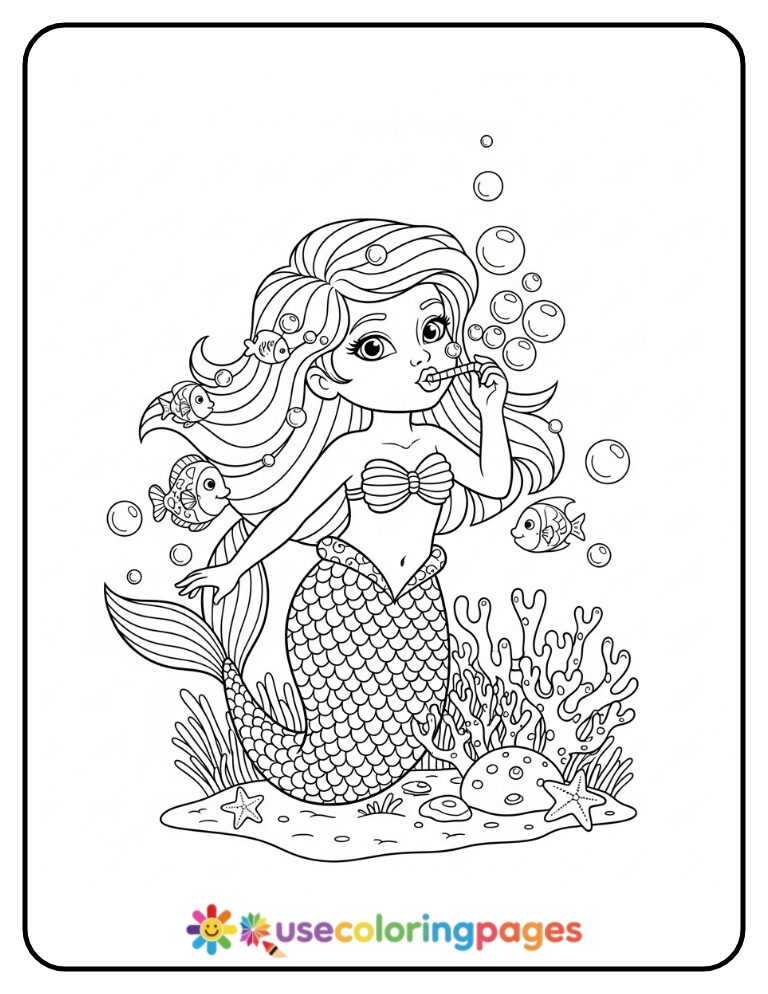Mermaid Playing with Bubbles Coloring Page Printable