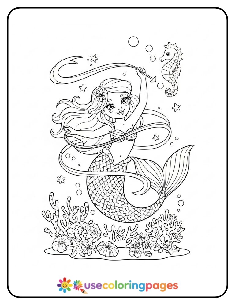 Mermaid Playing with a Seahorse Coloring Page